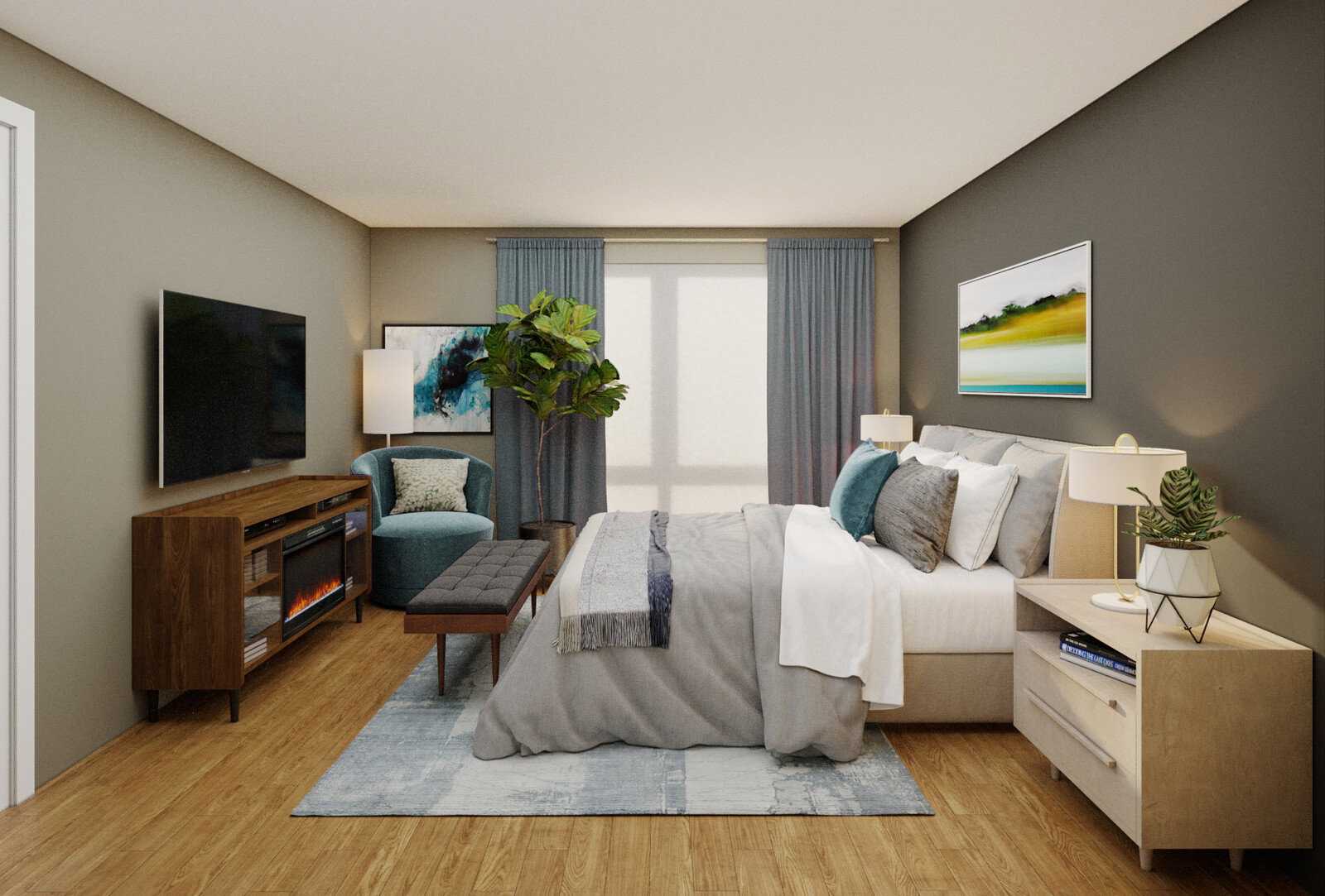 Representación de Apartamento Moderno con Toques de Color Vibrante