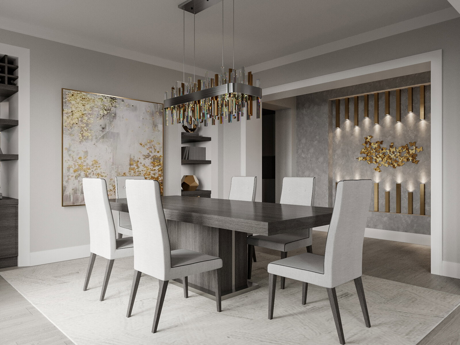 Renderizado de Sala y Comedor Moderno y Glamouroso