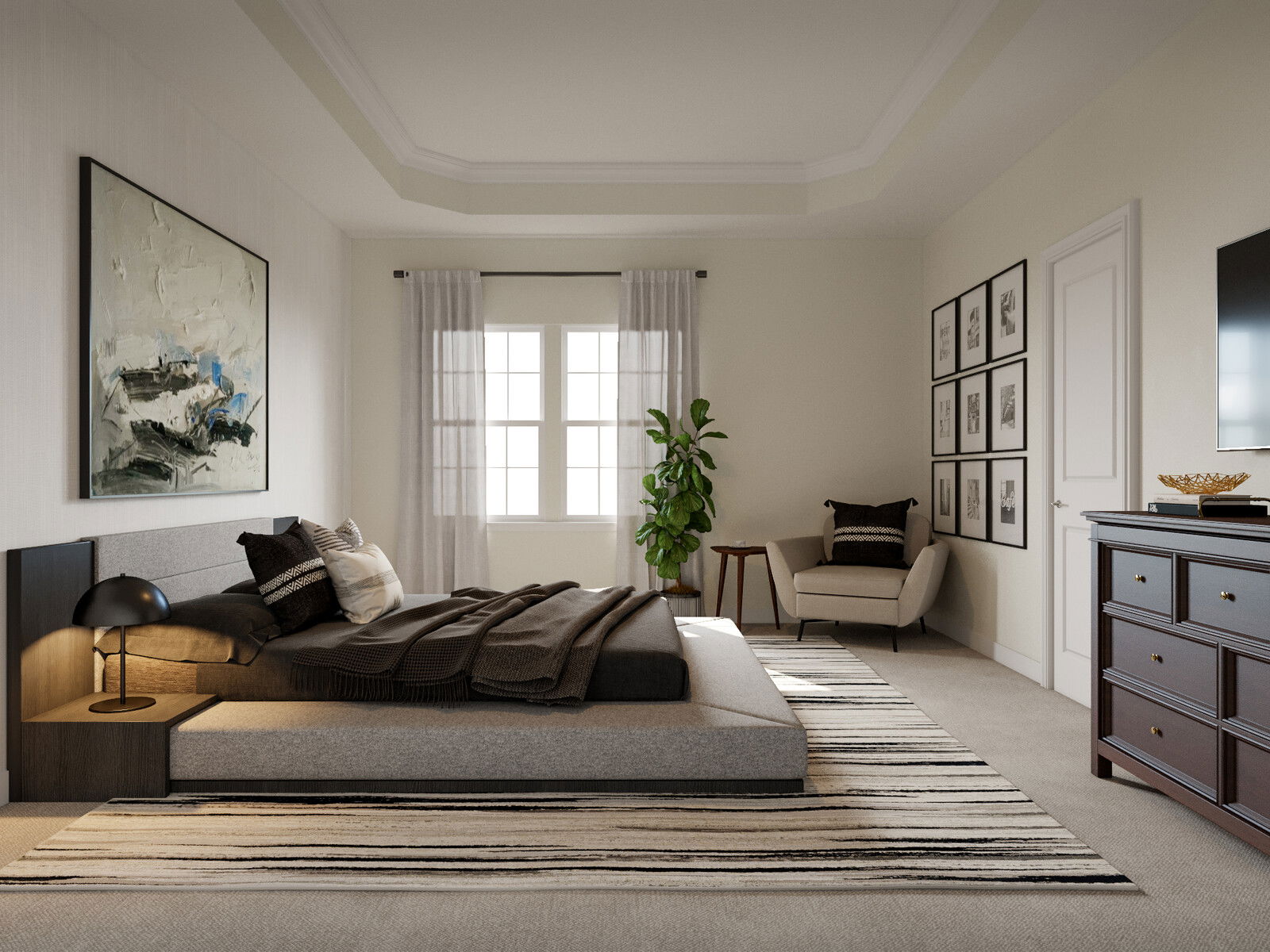 Neutral Modern Bedrom with Wine Shelves