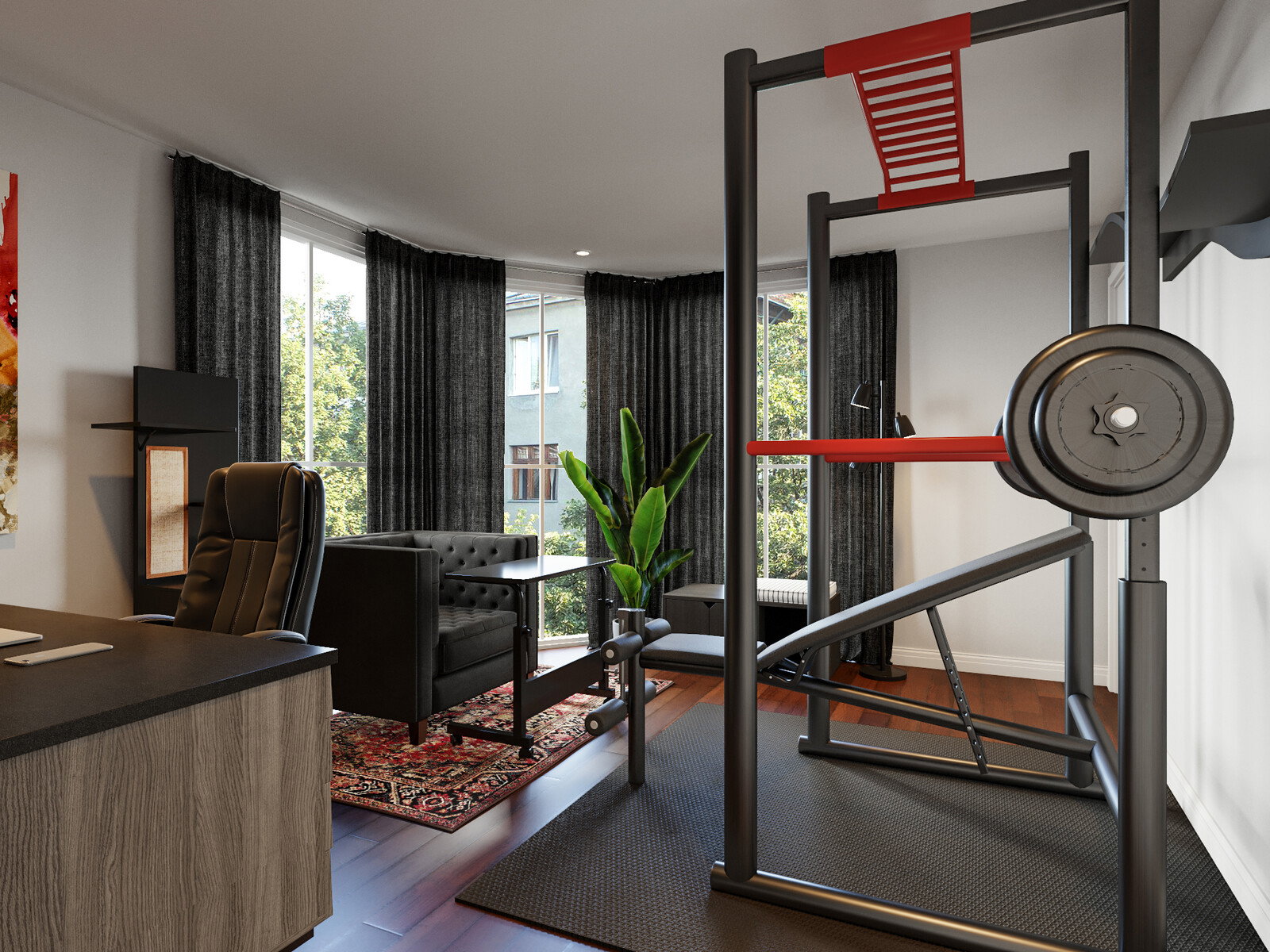 Renderizado de Diseño de Dormitorio Masculino & Oficina en Casa