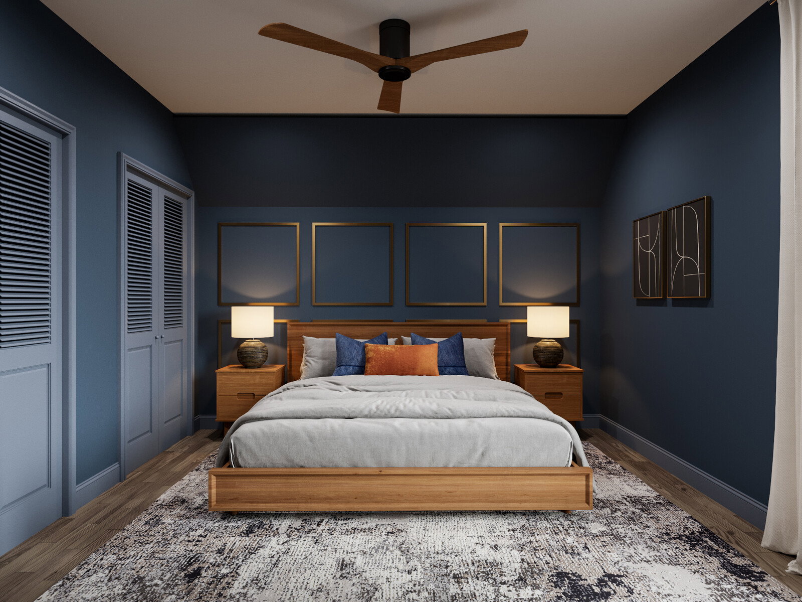 Renderización de Transformación de Dormitorio Moderno de Mediados de Siglo
