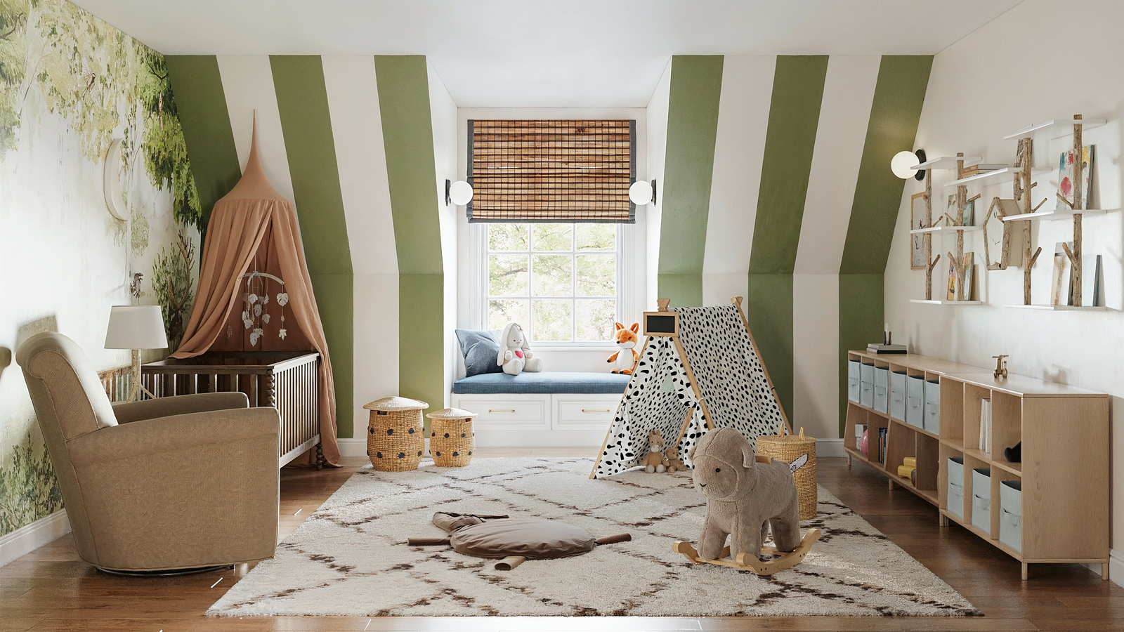 Whimsical Woodland Nursery with Playful Stripes