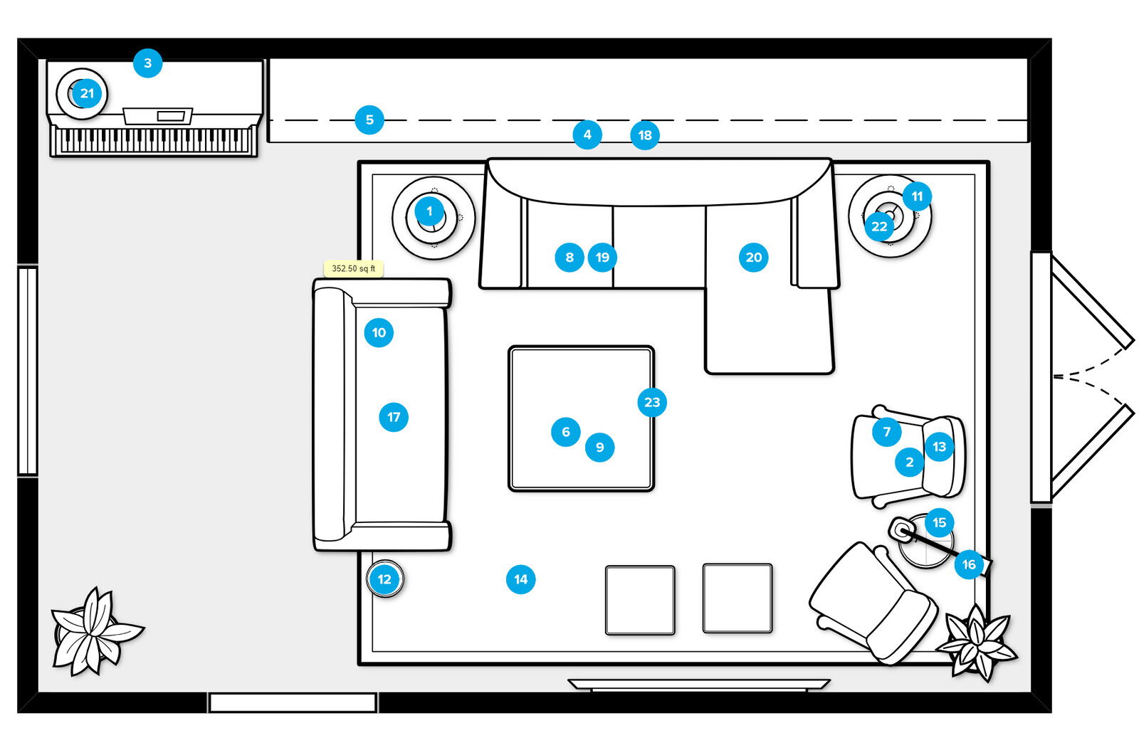 Plano de planta de sala de estar en línea