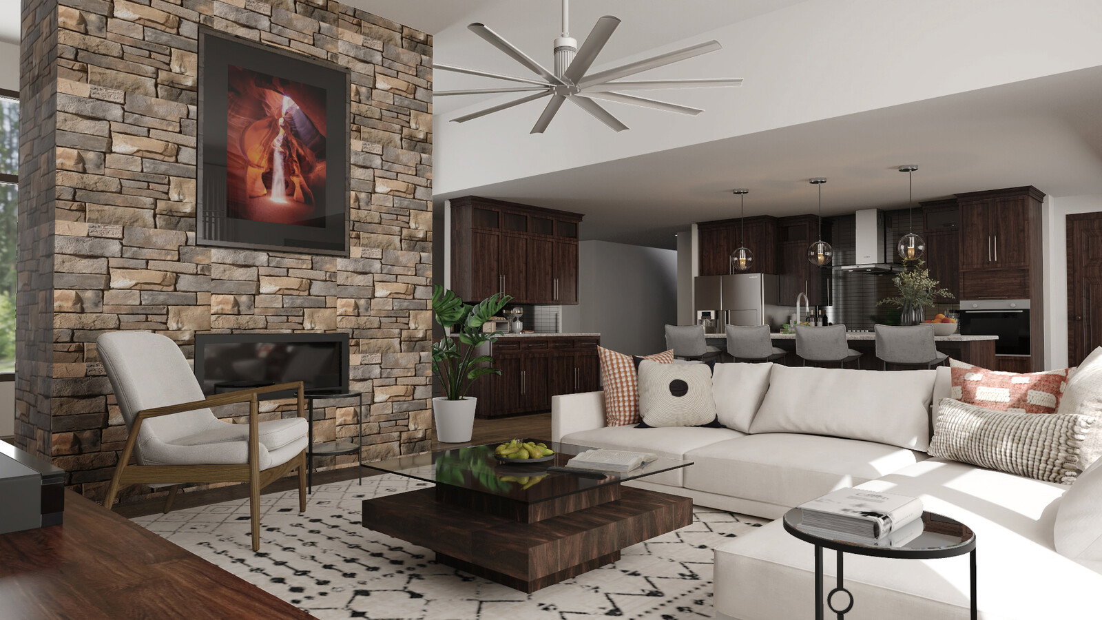 Renderizado del Salón con Chimenea de Piedra Contemporánea