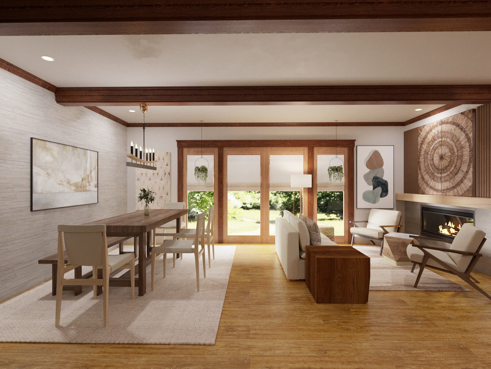 Renderizado de Diseño de Interior de Hogar Zen Rústico
