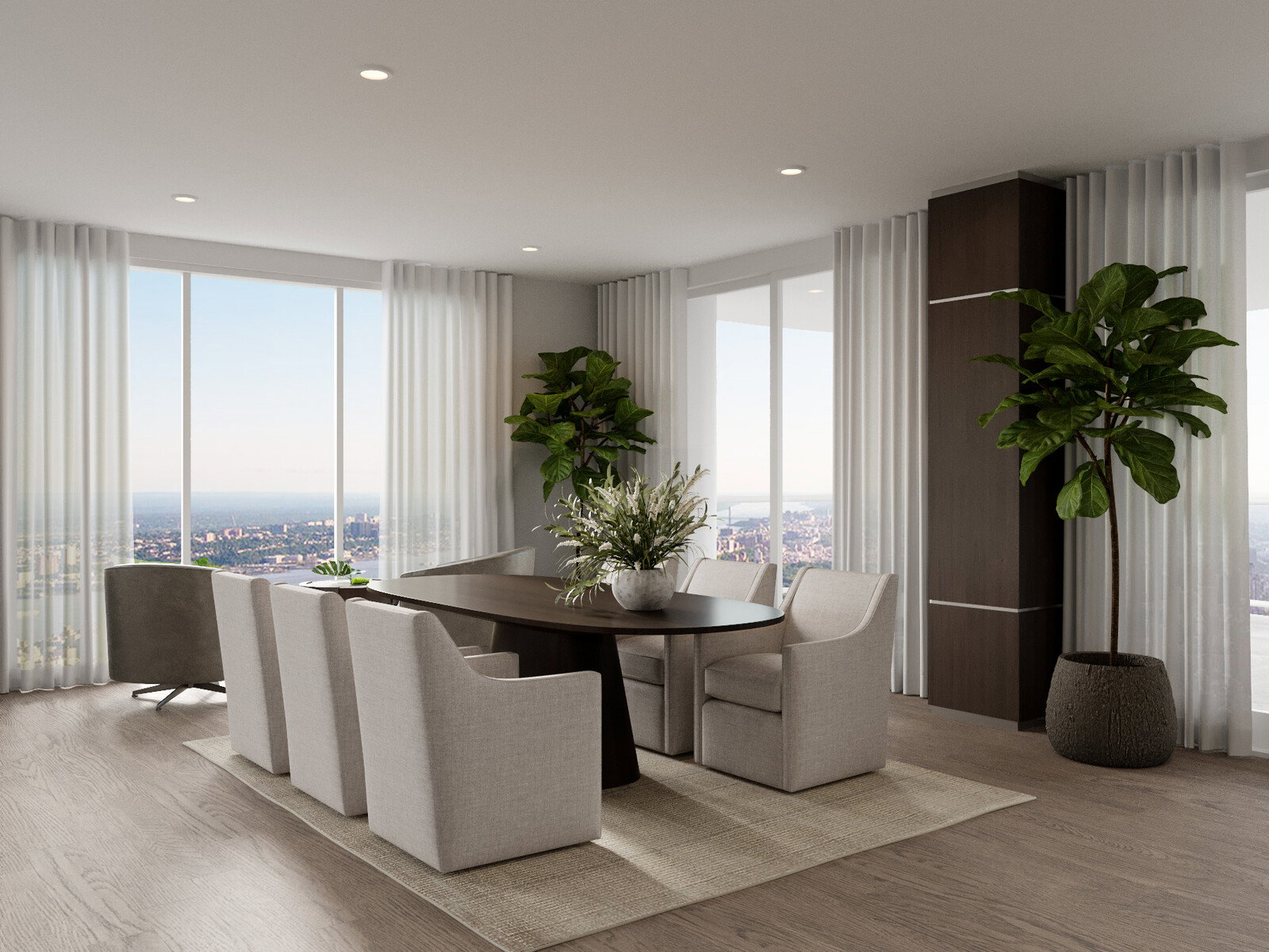 Representación de sala de estar y comedor clásico contemporáneo