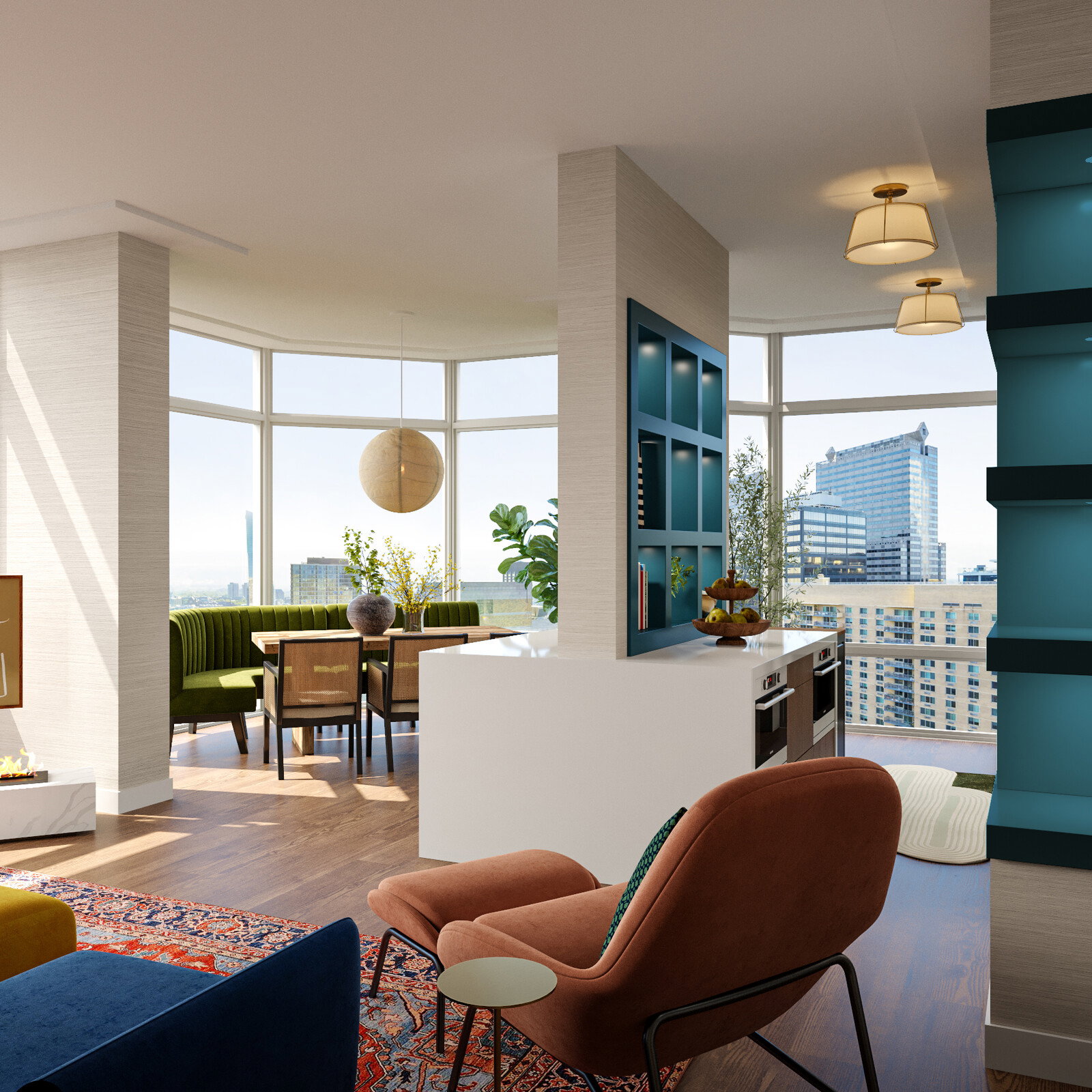 Rendering de diseño de apartamento ecléctico, acogedor y cálido