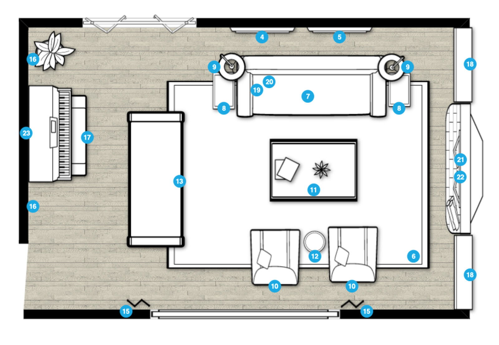 Plano de planta de sala de estar en línea