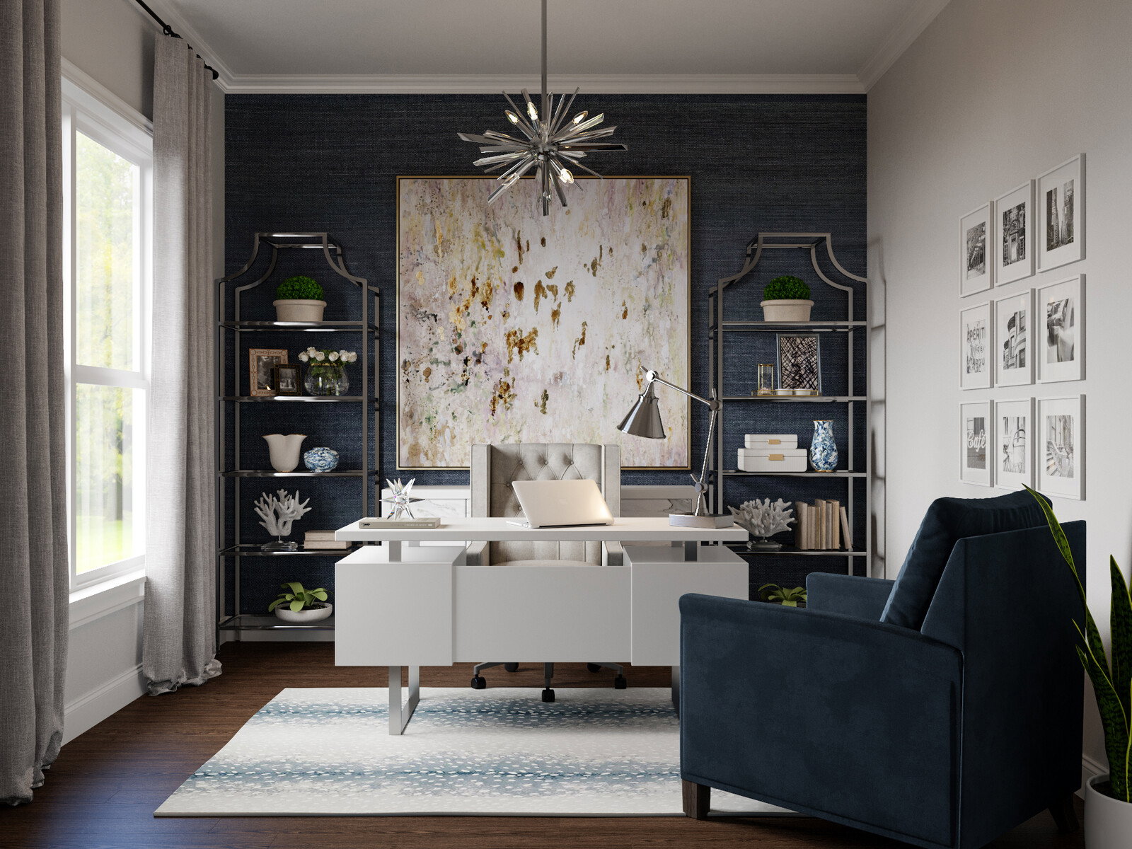 Renderizado de diseño de casa glamoroso en plata y azul