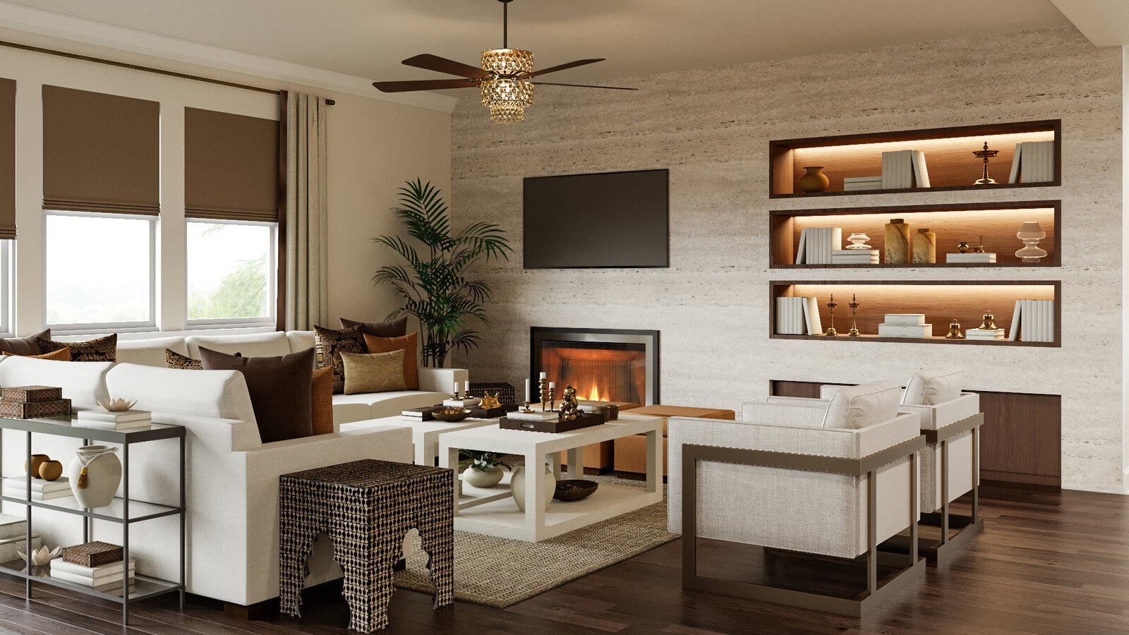 Renderizado de diseño de sala y cocina combinadas modernas