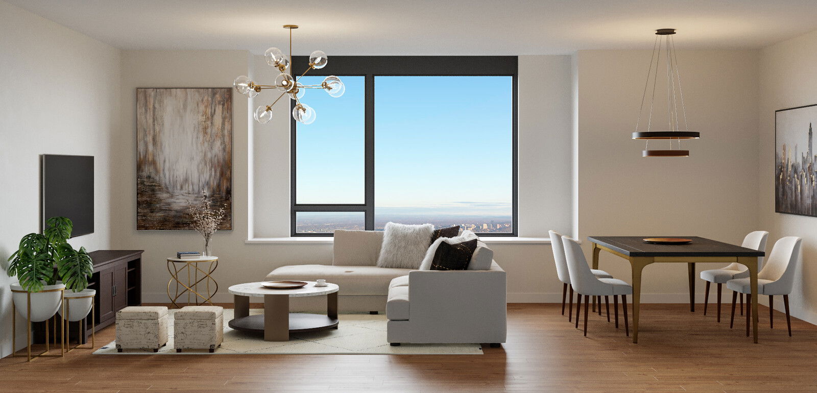 Renderizado de Diseño de Interiores Contemporáneo con Accentos Dorados thumb