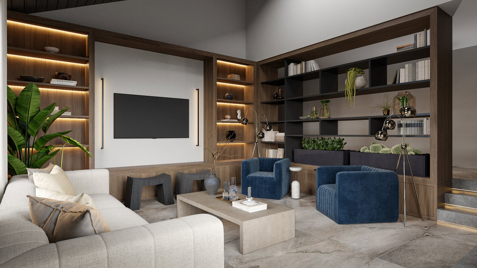 Remodelación de Sala de Estar Contemporánea Moderna Elegante Renderizado miniatura