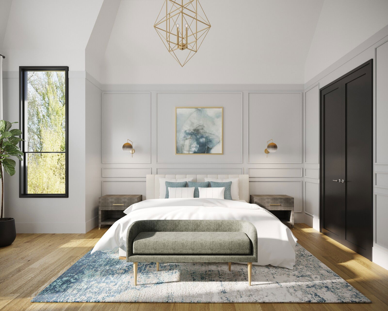 Transitional Vaulted Ceiling Bedroom Design