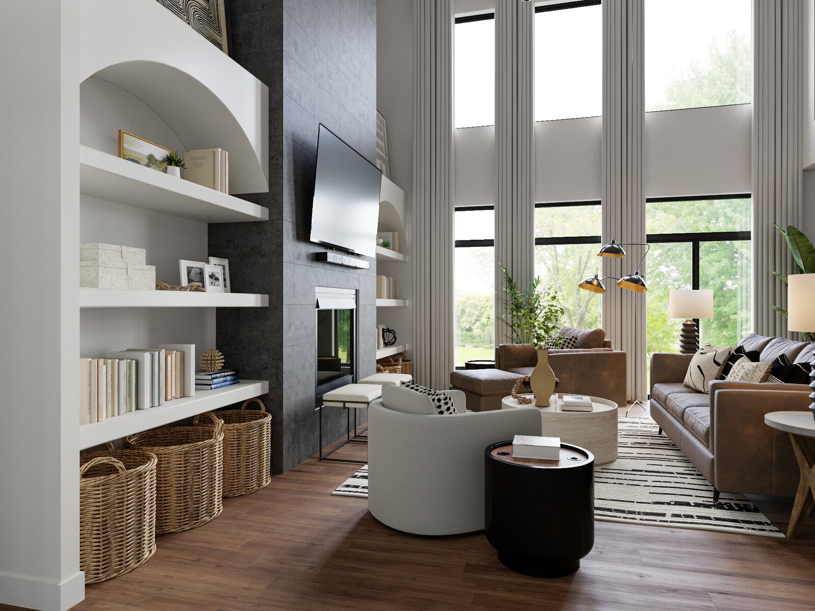 Renderizado de entrada rústica contemporánea y sala de estar
