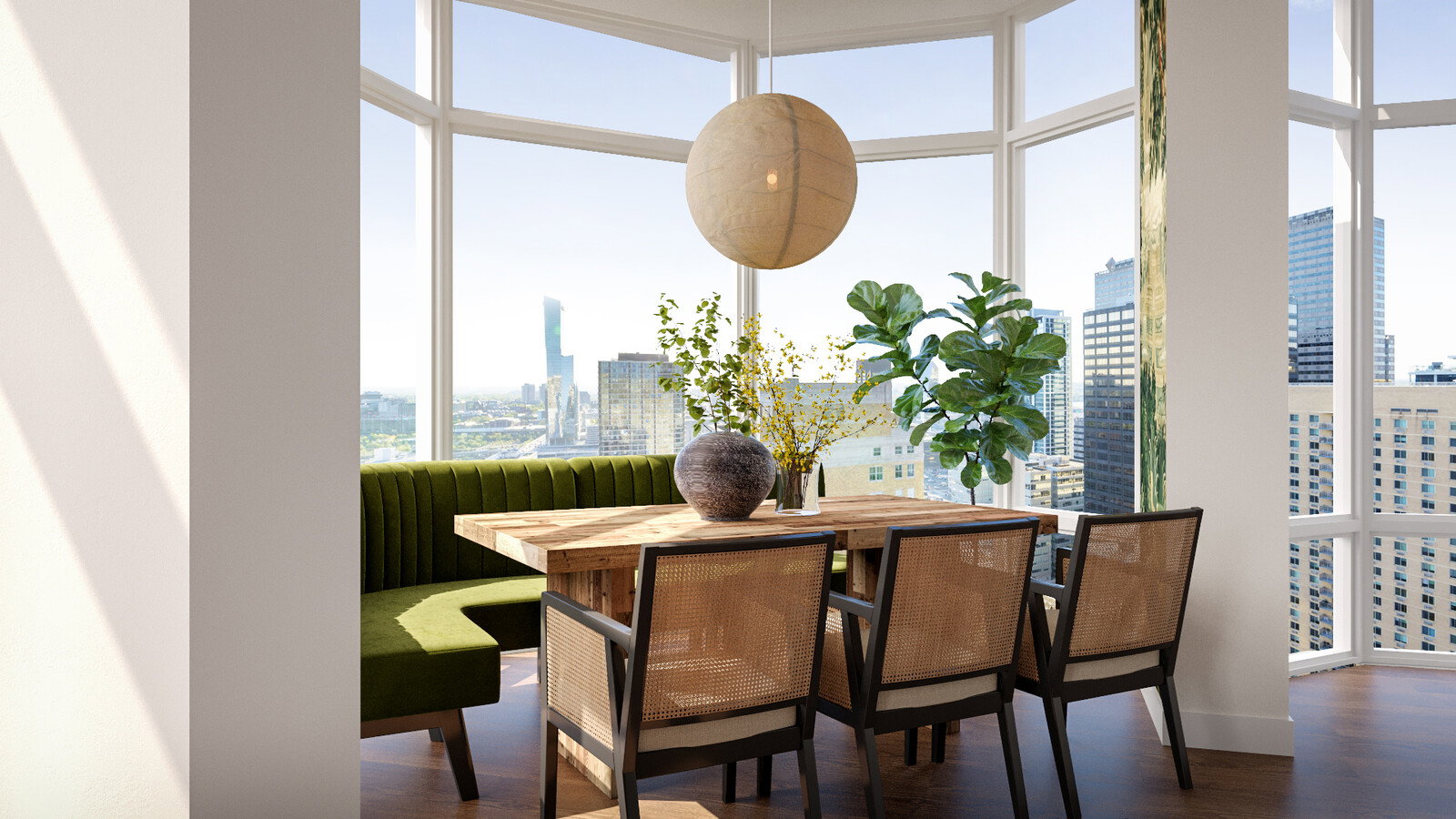 Rendering de diseño de apartamento ecléctico, acogedor y cálido