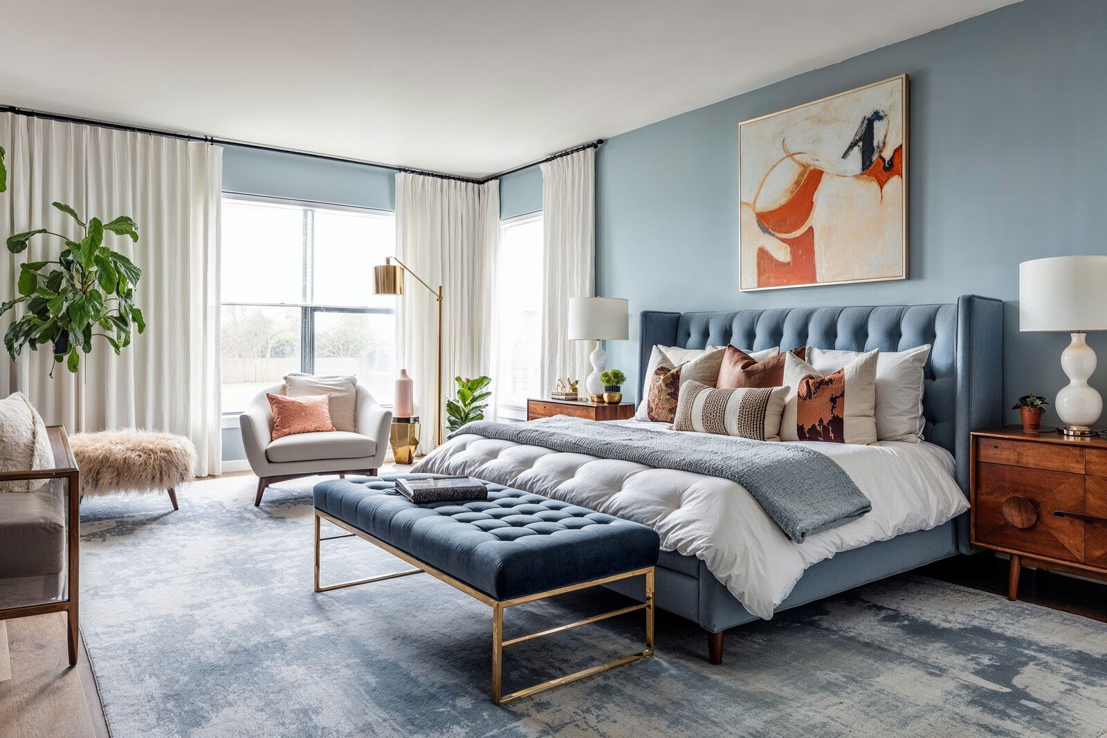 Mid-Century Modern Blue Bedroom Design