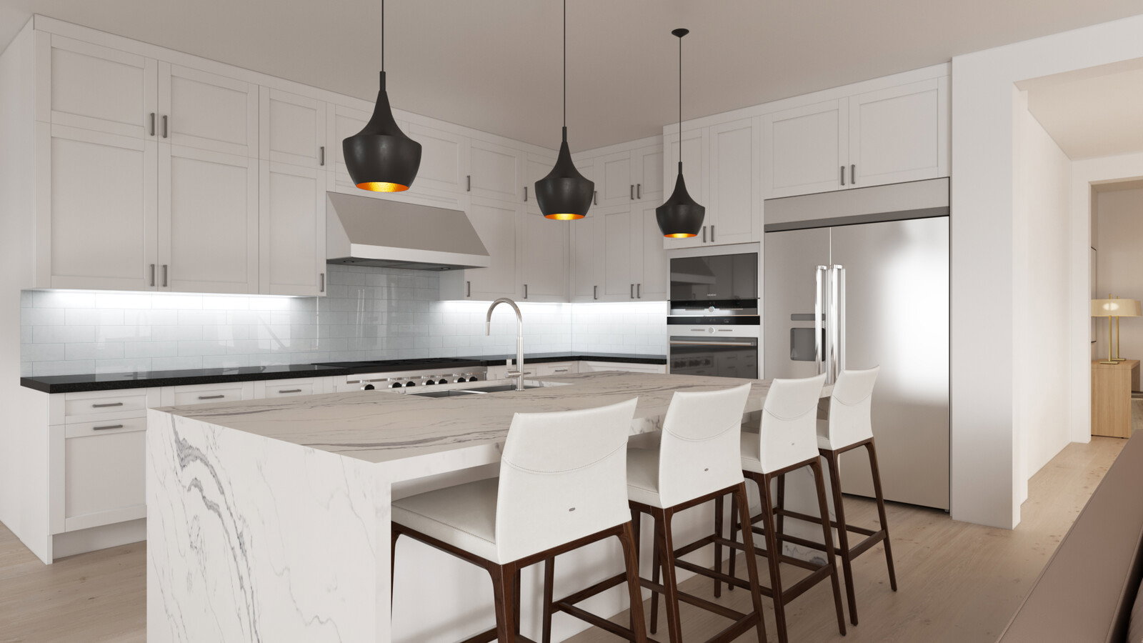 Renderizado del Diseño de Sala de Estar Blanca y Neutra