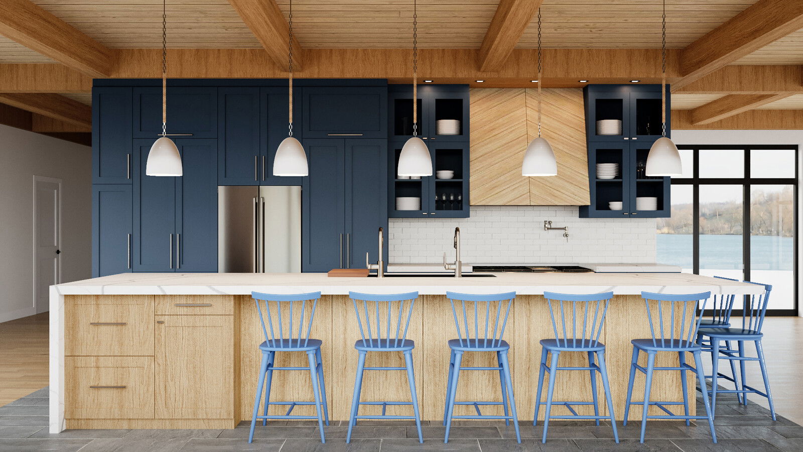 Wooden Ceiling Transitional Kitchen Remodel