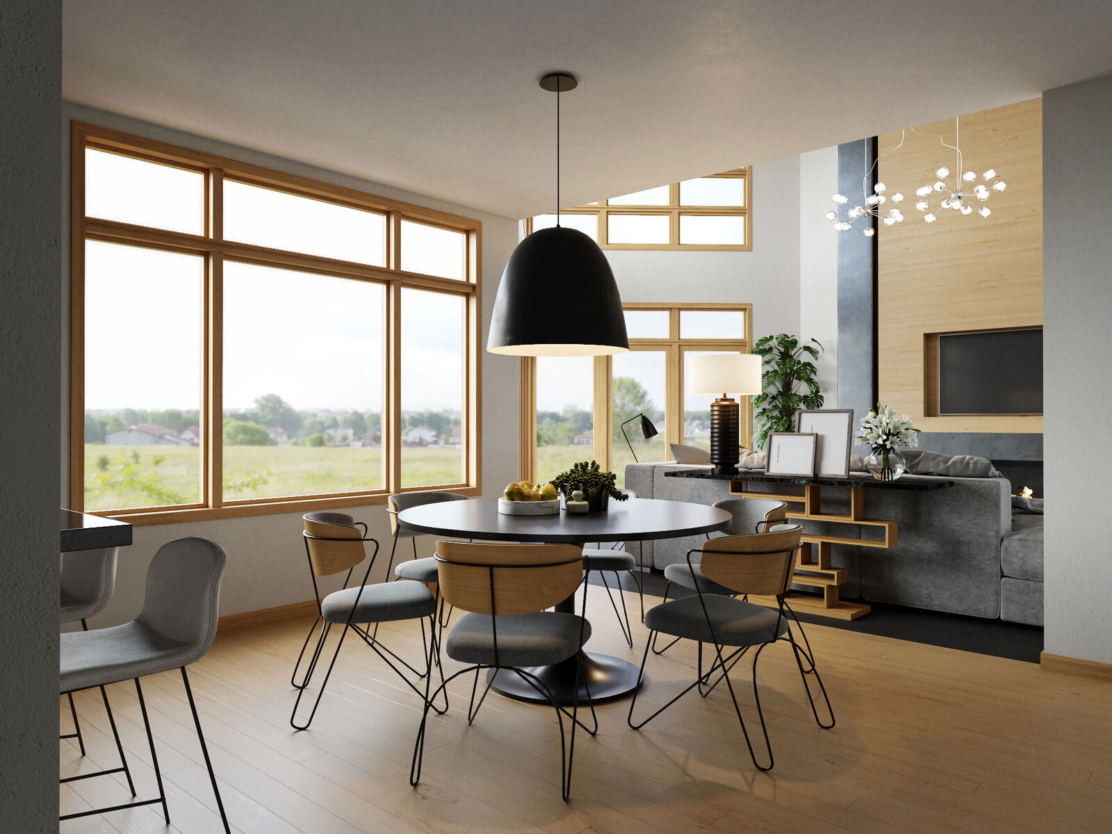 Renderizado de remodelación de sala y comedor contemporáneo y aireado