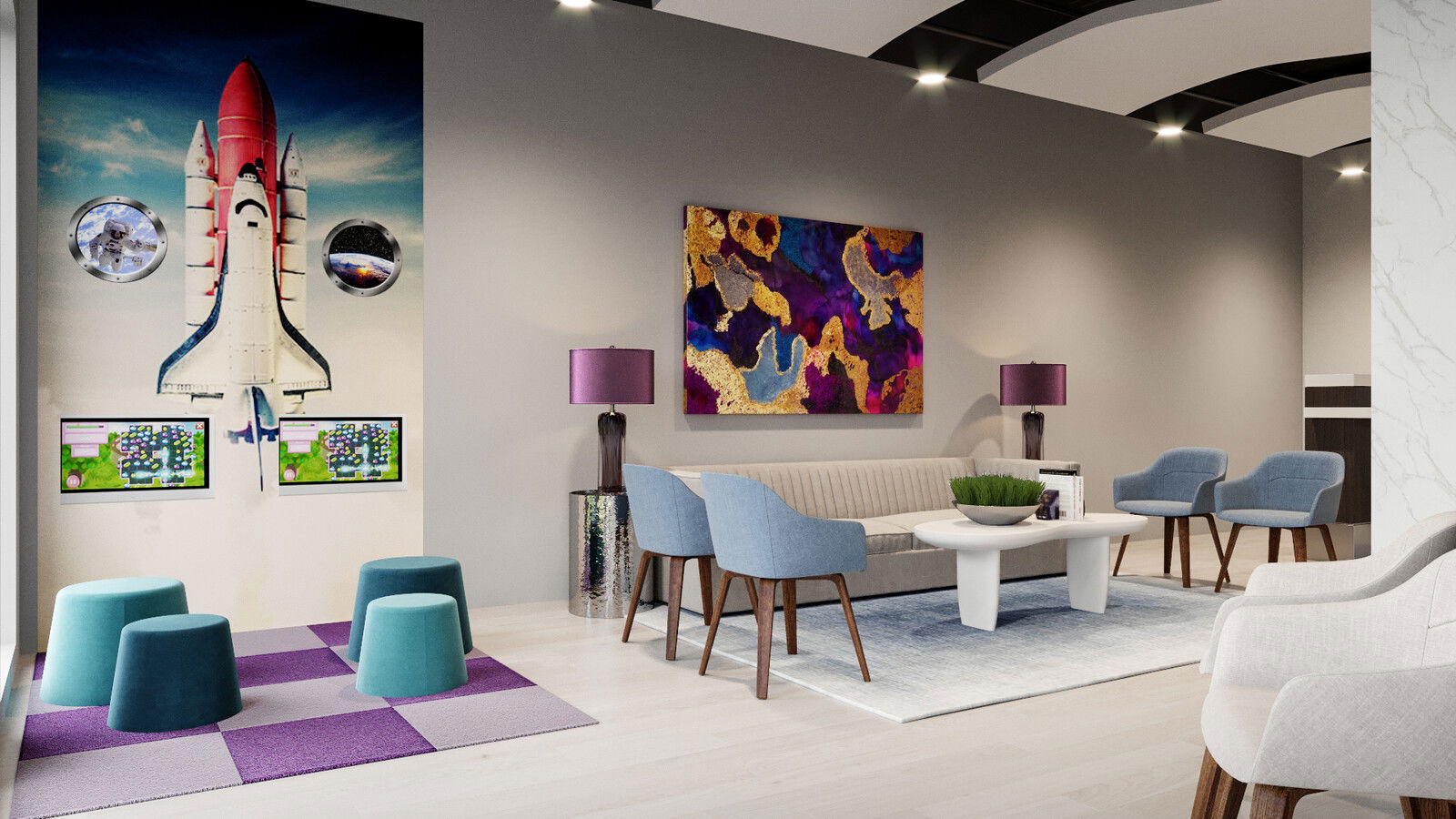 Commercial Interior Design with Kid's Space Decor Colorful Chic & Glam Business Space Decor