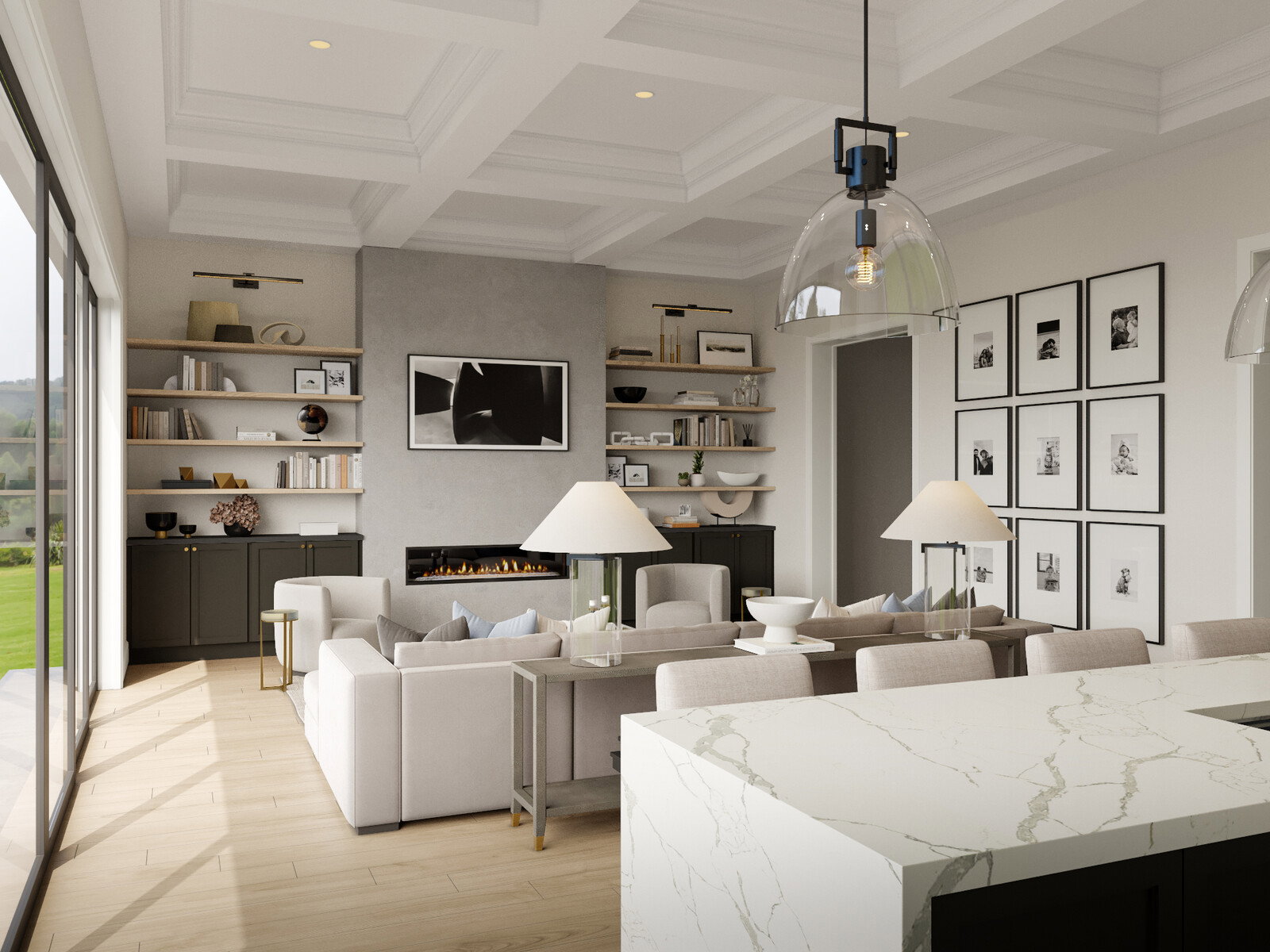 Renderizado de sala de estar y cocina de concepto abierto contemporáneo
