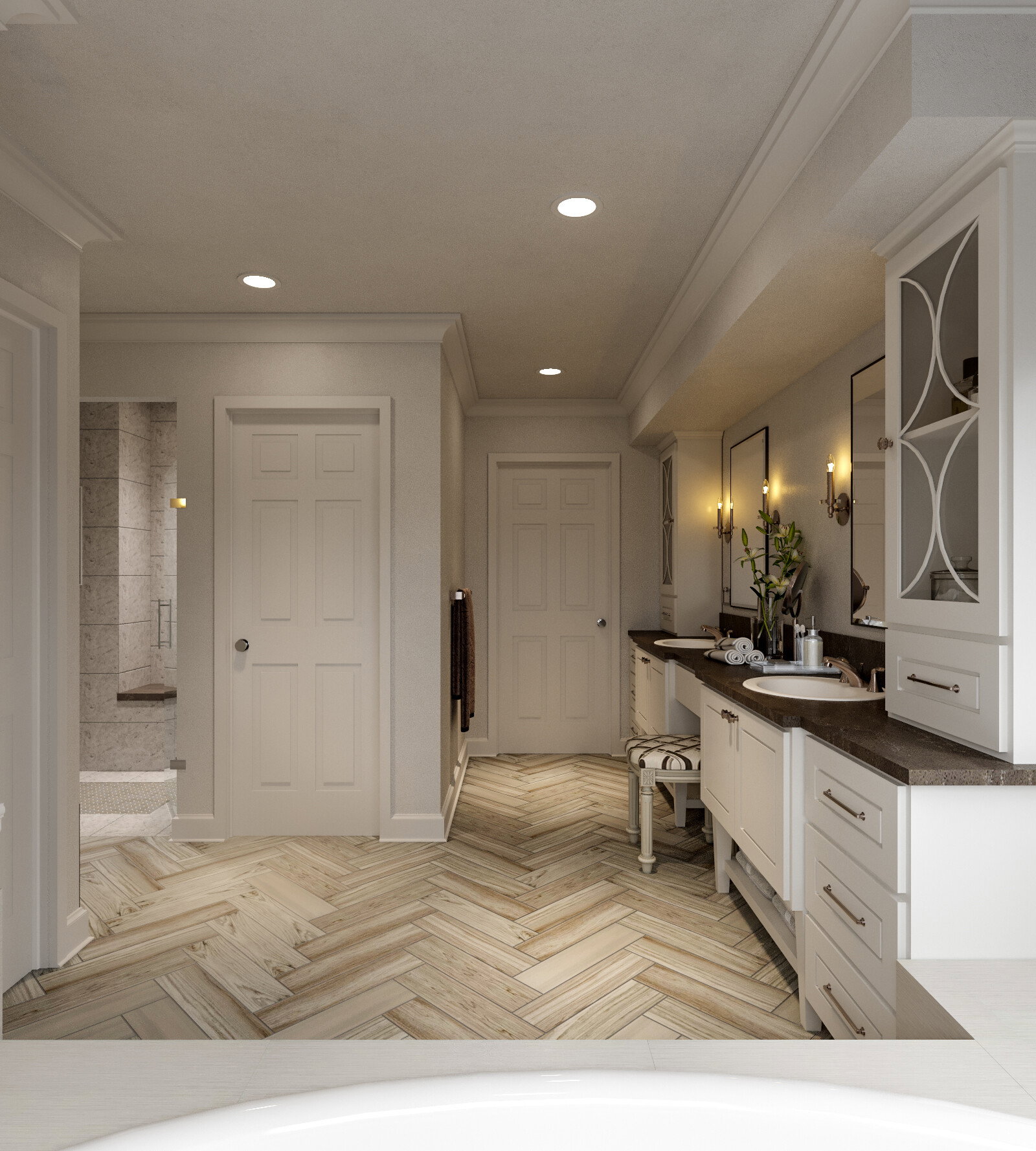 Renderizado de Decoración y Remodelación de Baño en Cabaña de Campo