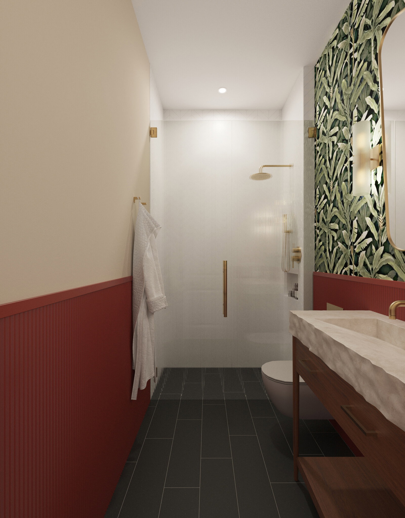 Renderizado de remodelación de dormitorio y baño en tonos tierra modernos