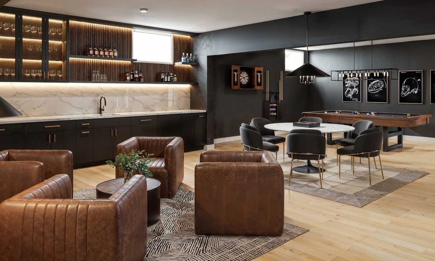 Modern Masculine Open Concept Basement by interior designers in Washington, Washington DC