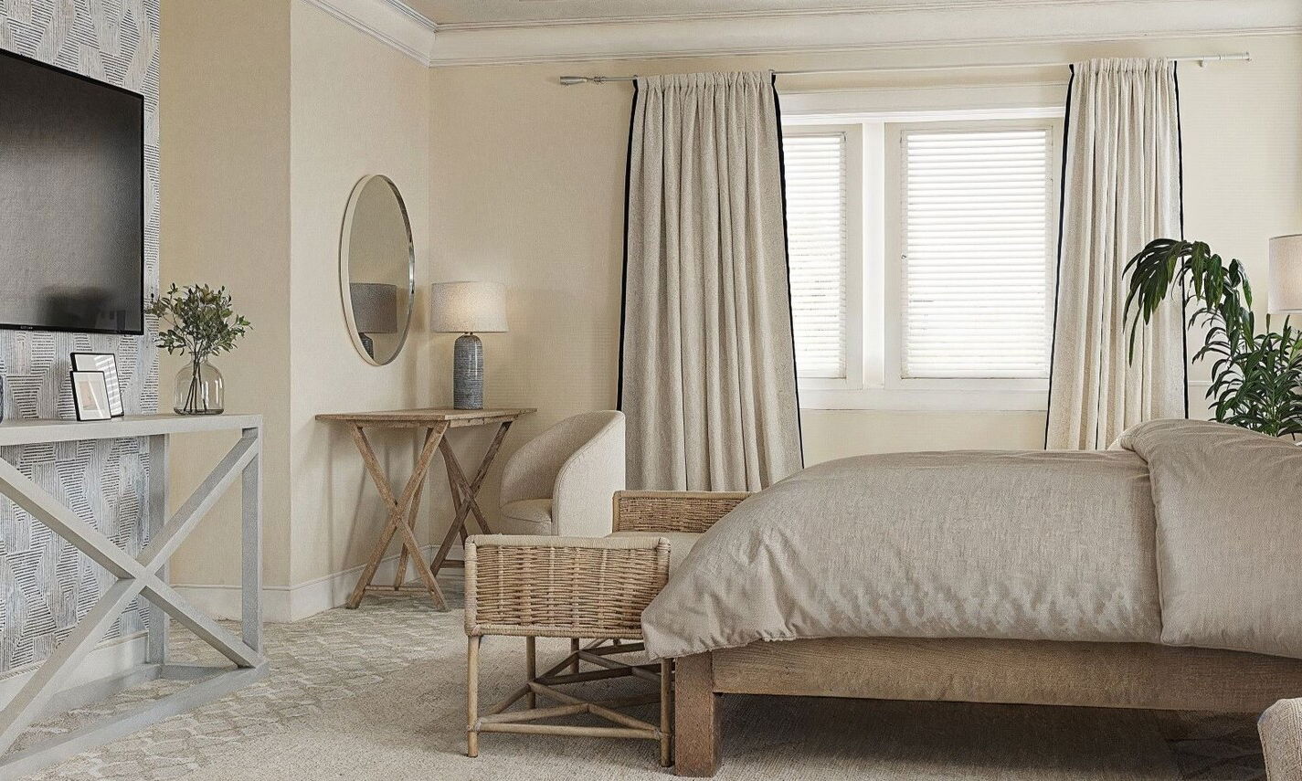 Serene Neutral Coastal Bedroom Design by affordable Alexandria interior designers