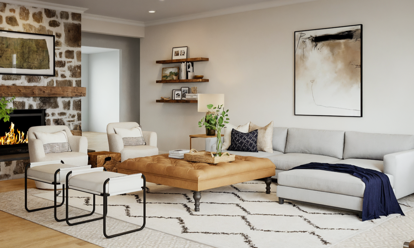 Contemporary Home Design with Stone Fireplace by affordable Hamptons interior designers