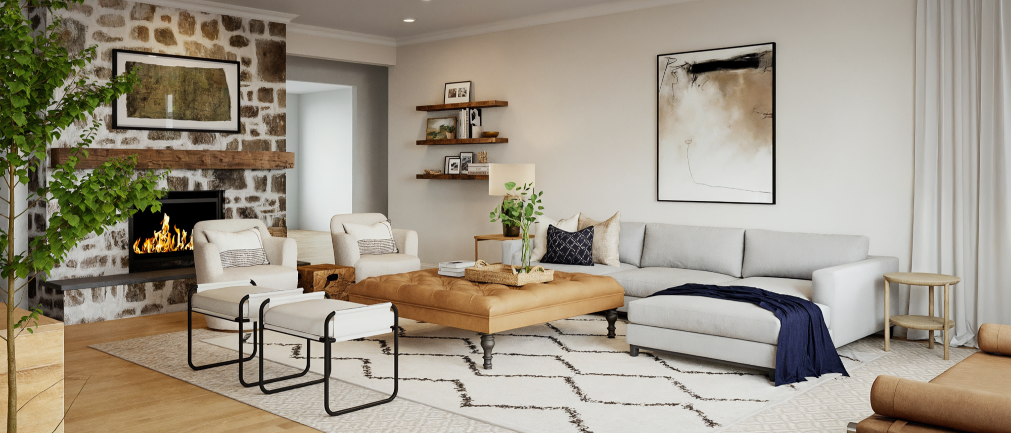 Contemporary Home Design with Stone Fireplace by top Springfield interior designers