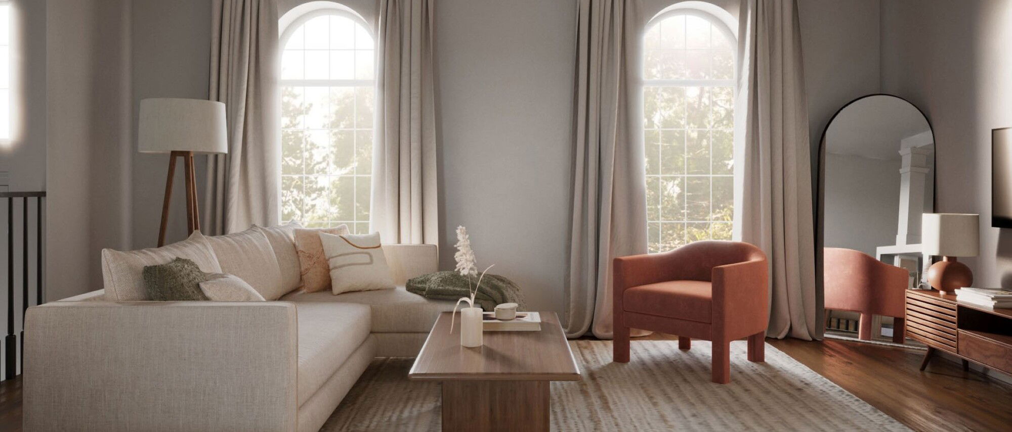 Sala de estar y comedor de townhome moderno - Render después