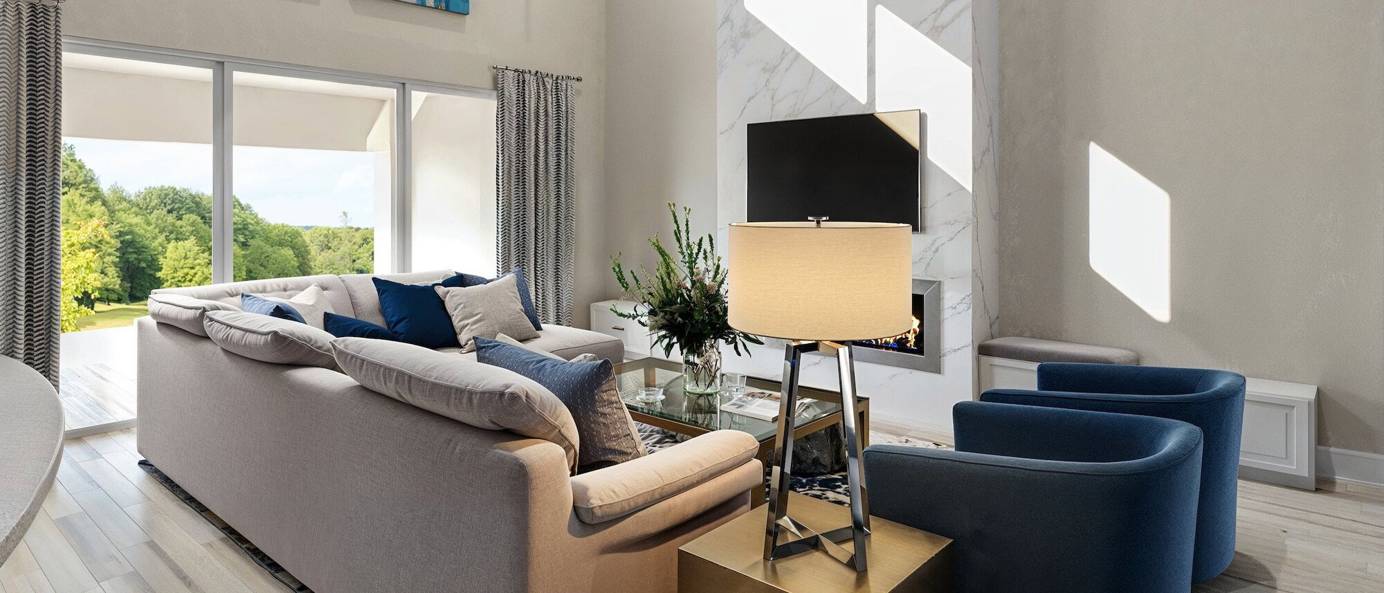 Elegant High Vaulted Ceilings Living Room Decor by affordable Sarasota interior designers