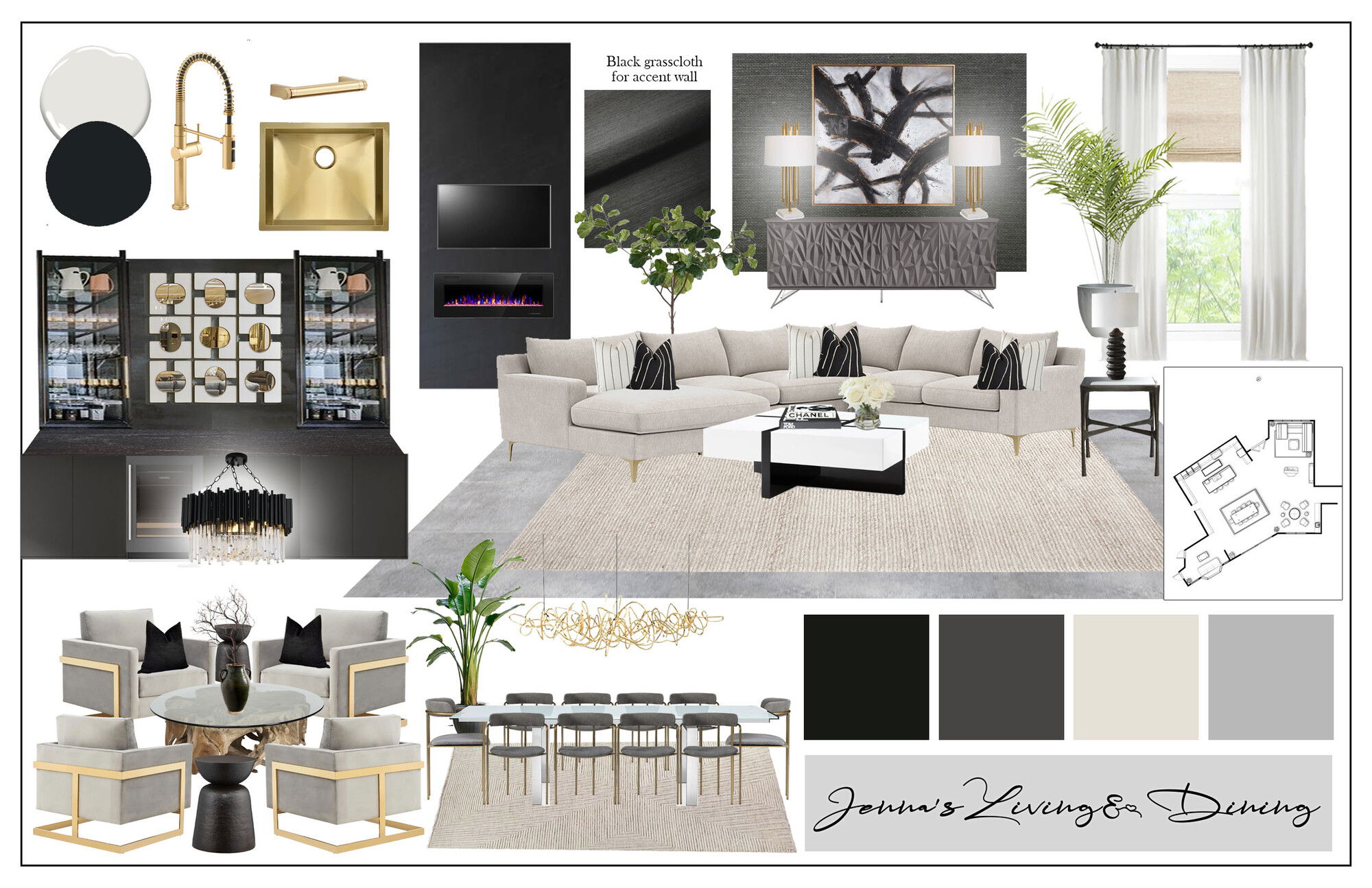 Ideas de Diseño de Interiores Combinadas de Sala-Comedor del Diseñador en Línea