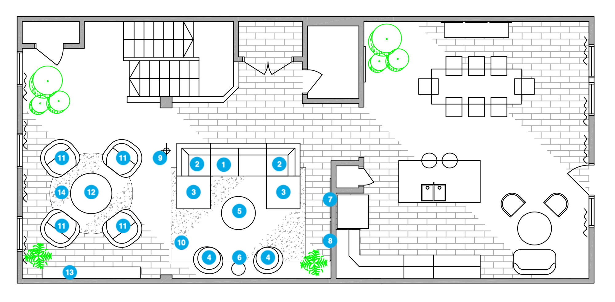 Plano de planta de sala de estar en línea