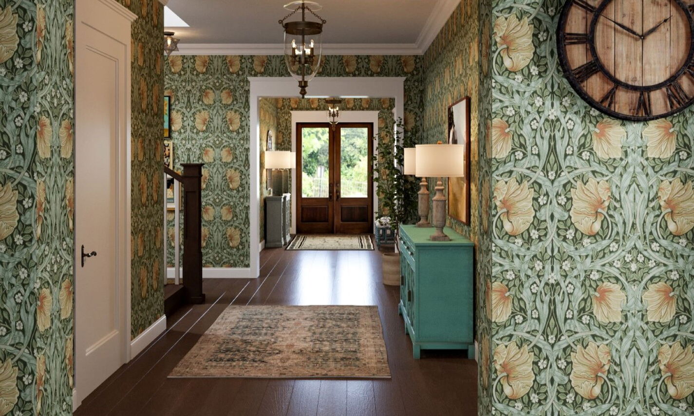 Feminine Green Eclectic Hallway Interior Design by interior designers in Asheville, North Carolina