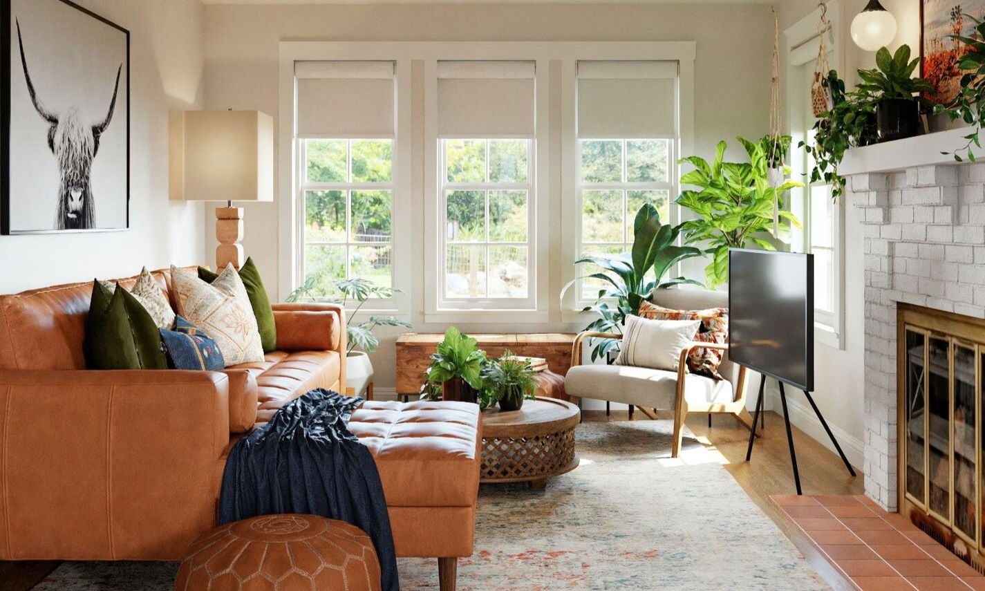 Boho Home Design with White Brick Fireplace by affordable Providence interior designers