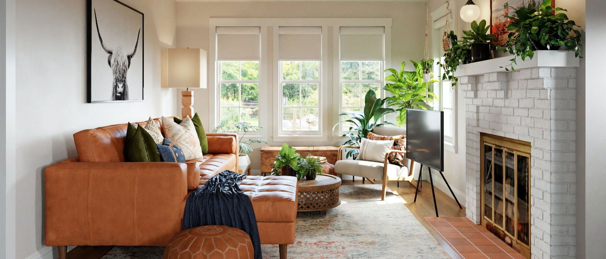 Boho Home Design with White Brick Fireplace by top Boston interior designers