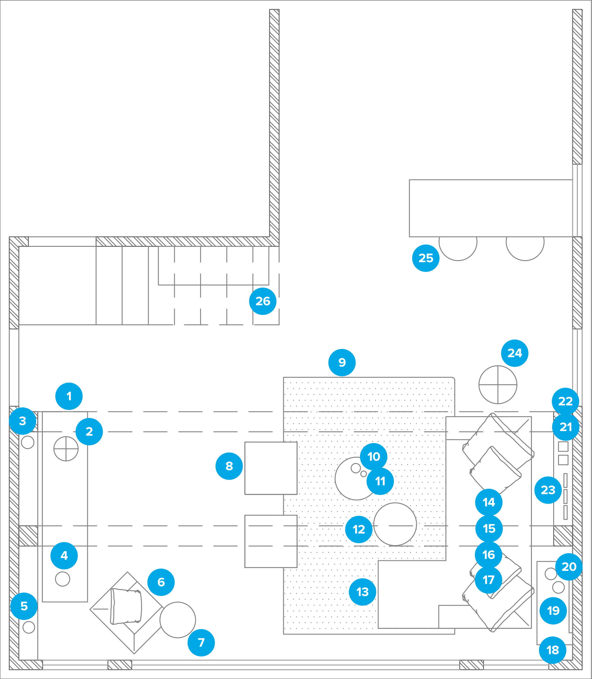 Plano de planta de sala de estar en línea