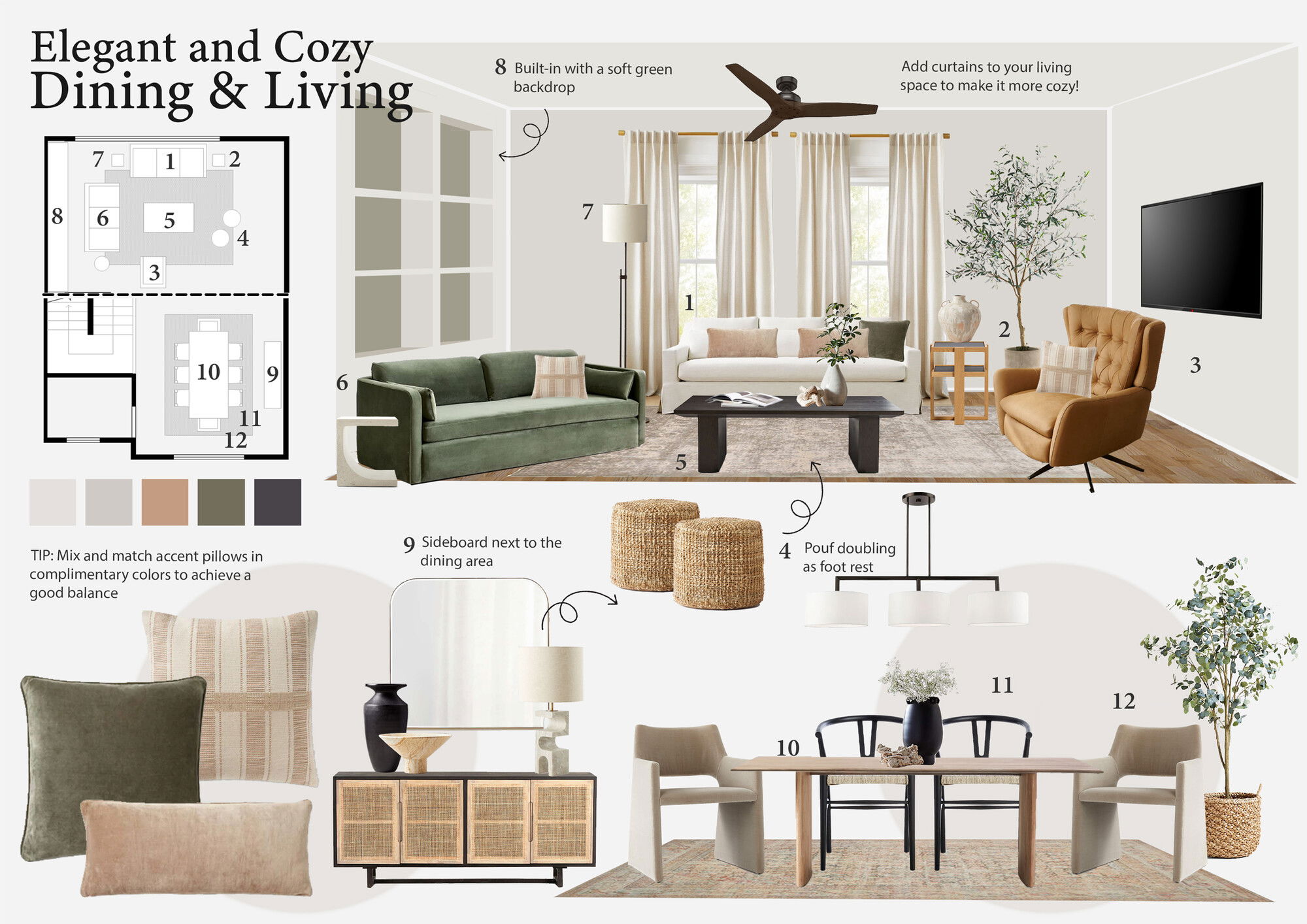 Ideas de Diseño de Interiores Combinadas de Sala-Comedor del Diseñador en Línea
