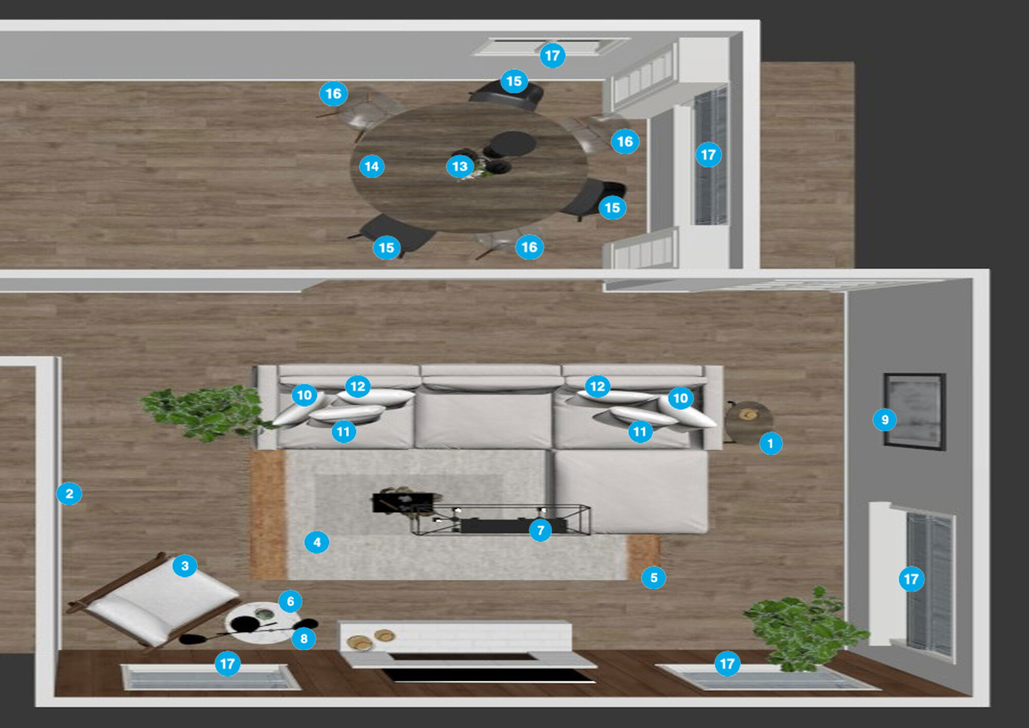 Plano de planta de sala de estar en línea