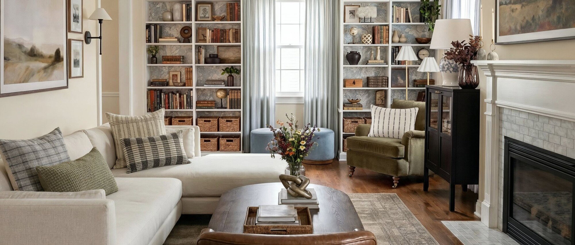 Timeless English Country Living Room Design by interior designers in Bethesda, Maryland