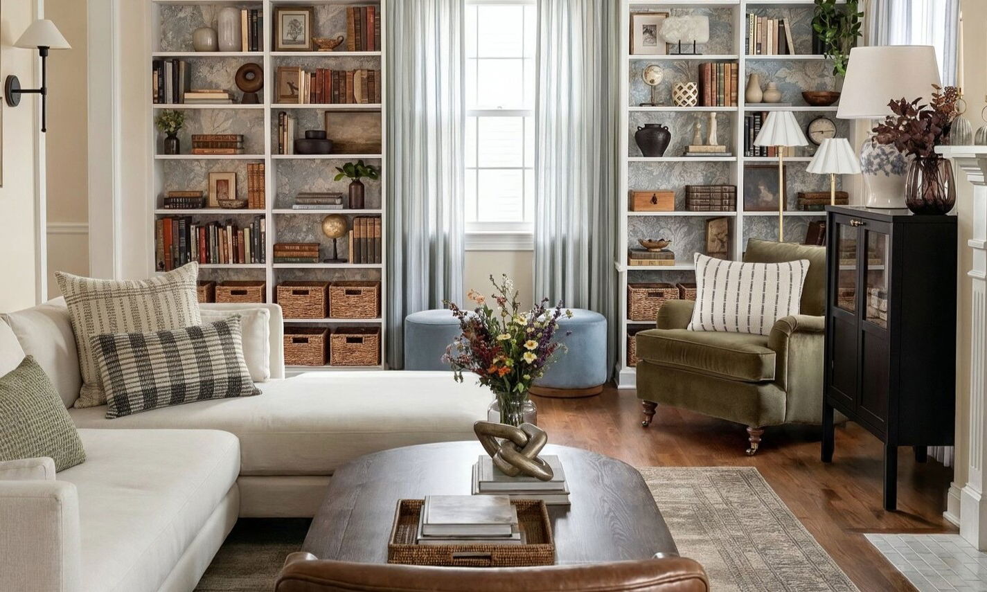 Timeless English Country Living Room Design by interior designers in Bethesda, Maryland