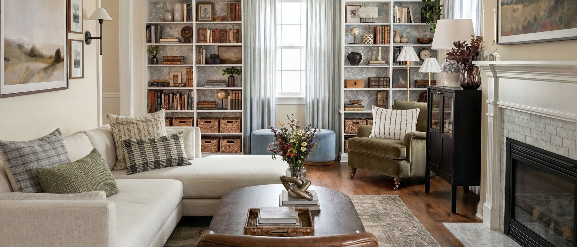 Timeless English Country Living Room Design by interior designers in Bethesda, Maryland