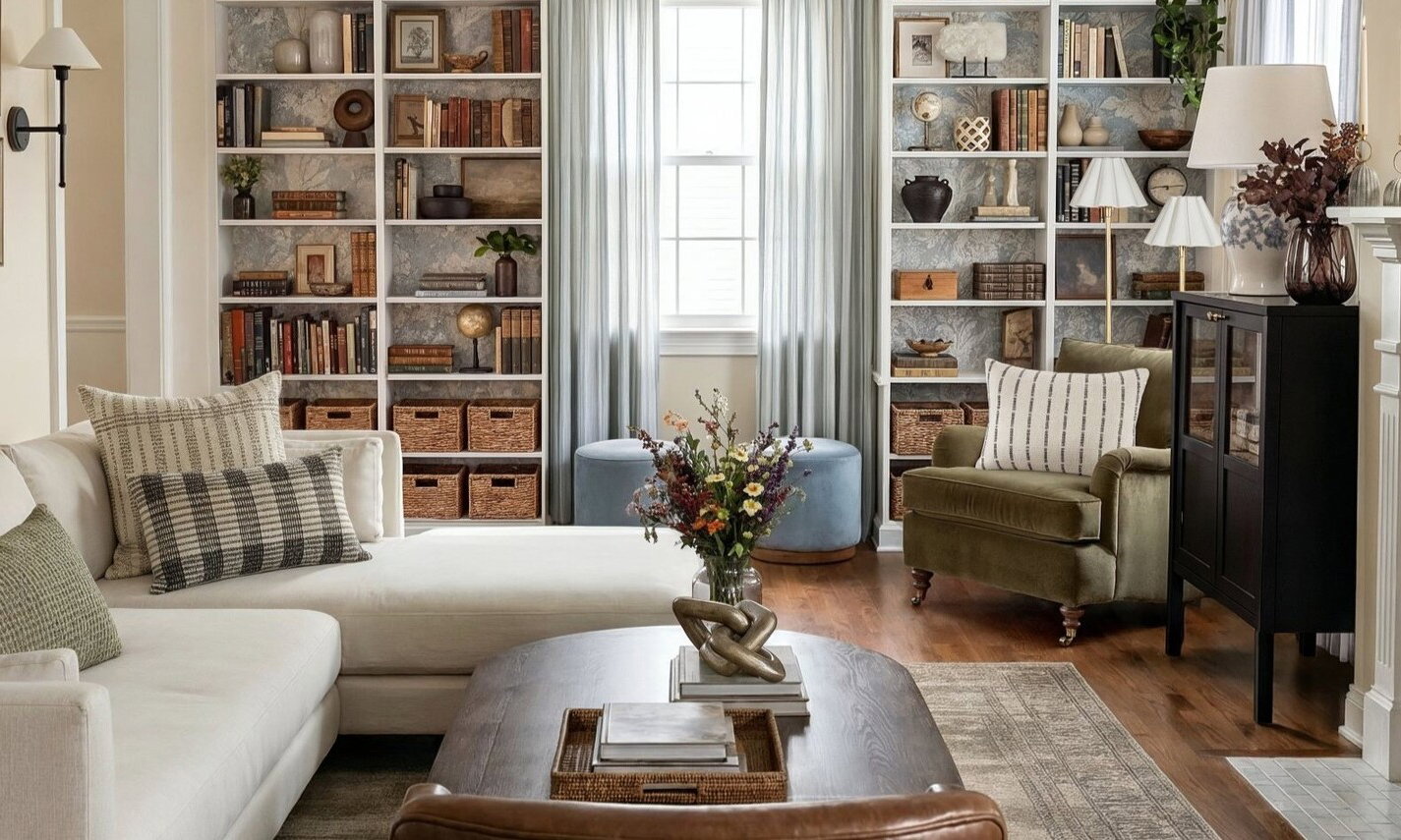 Timeless English Country Living Room Design by interior designers in Washington, Washington DC