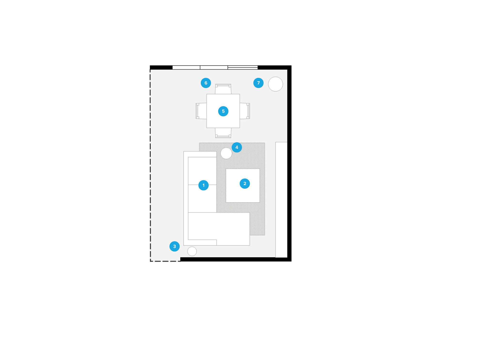 Plano de planta de sala de estar en línea