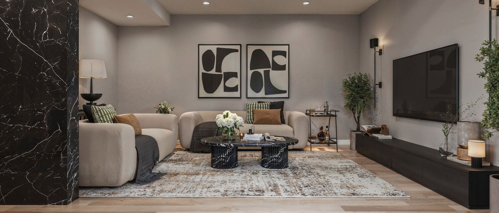 Elegant Modern Basement TV Room Makeover- After Rendering