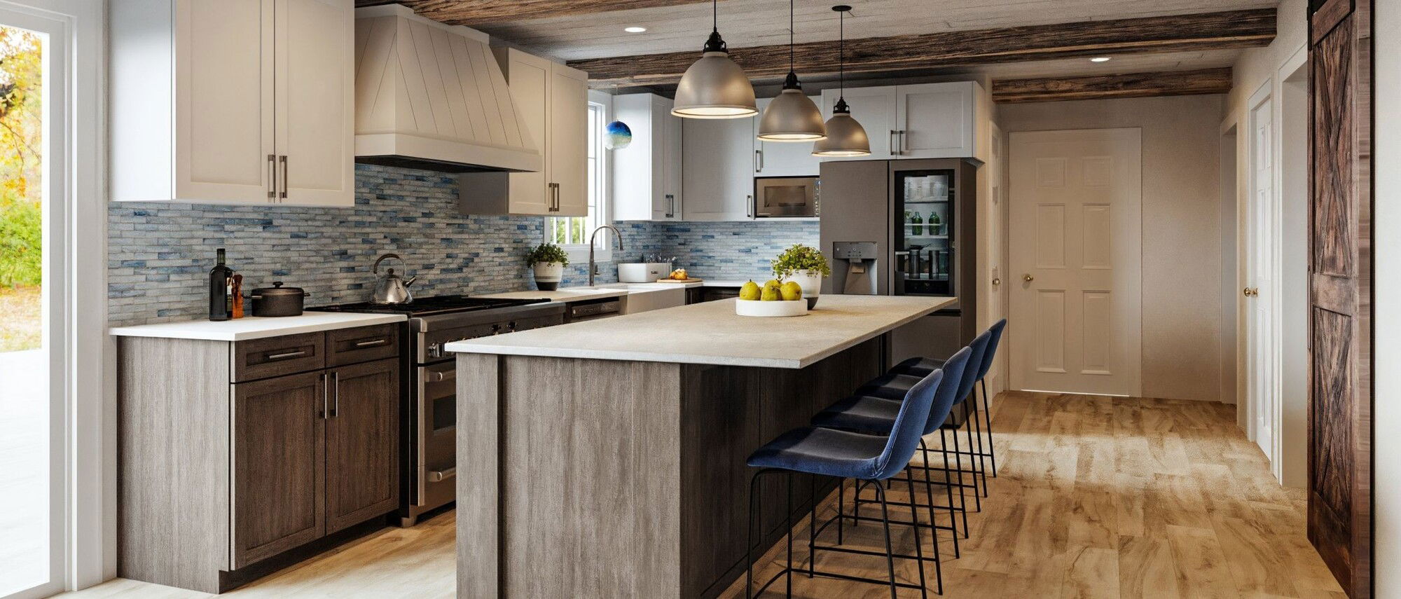 Remodelación de Cocina Rústica con Acentos Azules - Renderizado Después