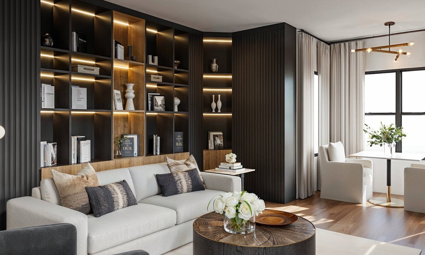 Sleek & Contemporary Living & Dining Room by interior designers in Corona, California