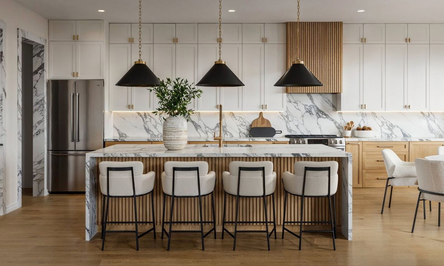 Modern Minimalist Kitchen with Marble Accents by interior designers in Port St. Lucie, Florida